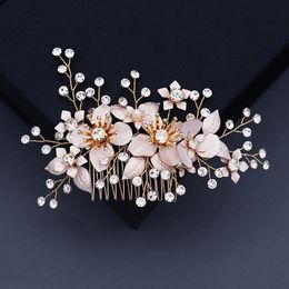 Gold Color Flower Leaf Bling Crystal Pearls Hair Combs Headpieces Bride Noiva Bridal Wedding Jewelry Accessories 2021 Clips & Barrettes