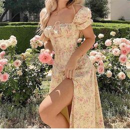 Ladies High Waist Maxi Dress Women's Fashion Puff Sleeve Floral Print Lace-Up Slit Long Female Summer 210517