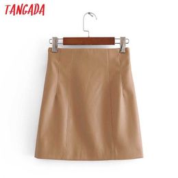 Tangada Women Solid Khaki Faux Leather Skirts Faldas Mujer Zipper Female Office Lady Mini Skirt 3H411 210609
