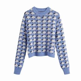 Sweet Women Cartoon Sheep Print Sweater Fashion Ladies Chic O-Neck knitted Tops Streetwear Female Cute Blue Pullovers 210427