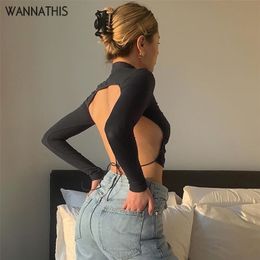 WannaThis Backless Tshirt Crop Tops Women Slim Elastic Fashion Lace up Hollow Out Women Cropped Top Summer Long Sleeve Shirts 210317