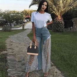 Sexy Women Wide Leg Pants Sheer Mesh Star Print Splice Denim High Waist Casual Loose Jeans Fashion Party Trousers 210809