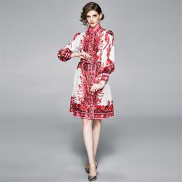 Women's Shirt Dress Spring Vintage Printing Elegant Lacing Waist Turn Down Collar Lantern Sleeve ML717 210506