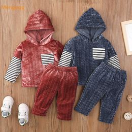 Newborn Baby Girls Boys Autumn Winter Warm Patchwork Hooded Top Coat Solid Trousers Kids Infant Cothes Set 2pcs 0-18m G1023