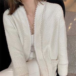 ZAWFL Fashion Coats Female Winter Korean Style Double Row Beading Long Sleeved Slim Tweed Women Cardigan Jackets 211014