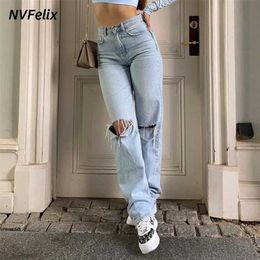 Womens Loose Fit Jeans Ripped Wide Leg For Women High Waist Blue Wash Casual Cotton Denim Trousers Summer Baggy Jean Pants 211129