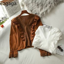Ezgaga Vintage Shirts Women Ruffles V-Neck Long Sleeve Tops Loose Lace Hollow Out Solid Shirt and Blouse Office Lady Elegant 210430