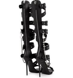 Dress Shoes Womens Metal Chain Belt Buckle Gladiator Knee High Top Sandals Hollow Out Roman Boots Stilettos Heel55