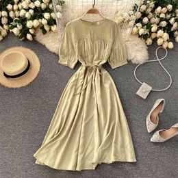 Women Summer Fashion Round Neck Short Sleeve Fold Slim Solid Color Casual Dress Clothes Korean Vestidos De Mujer S837 210527