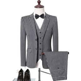 Autumn New Men's Slim British Wedding Vertical Stripes Dress Blazer / Male Three piece Suit Coat Vest Pants Trousers Waistcoat X0909