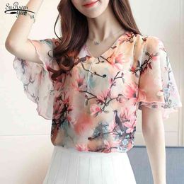 Spring Short Sleeve Plus Size Women's Clothing Fashion Printing Chiffon Blouse Shirt Sweet V-neck Tops Blusas D630 210521