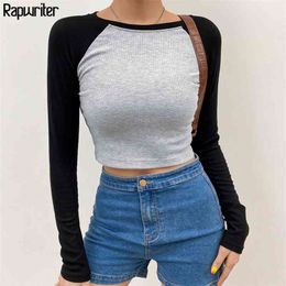 Contrast Color Ribbed Y2k Aesthetic Harajuku Crop Tops Women Fall O-Neck Long Sleeve Casual Basic T Shirt Femme RapWriter 210324