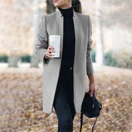 Women Autumn Winter Stand Neck Long Sleeve Coat Pockets Thin Wool Coats Casual Female Office Work Jackets Slim Overcoats 211014