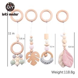 Let'S Make 4Pc/Set Baby Teething Pacifier Necklace Hanging Toy Wooden Rattles Toys For Children From 0-12 Months Teether 210320