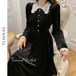 Yedinas Vintage Black Dress Women Elegant Sexy Lace Dresses Patchwork Girls Female Party Turn-down Collar Long Sleeve 210527