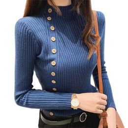 Winter Ribbed Button Women Pullovers Cotton Long sleeve Schoolgirl Turtleneck Sweaters Autumn Soft Comfortable Stretch Jumpers 211018