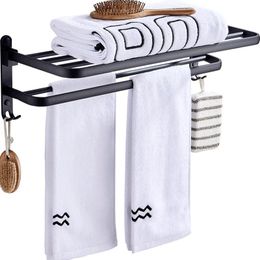 Towel Racks Punch-Free Bath Rack Space Aluminium Black Bathroom Fold Hook Hardware Pendant Load Bearing 50KG
