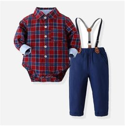 Cute Baby Boys Gentleman Style Clothing Sets Spring Fall Toddler Long Sleeve Plaid Jumpsuits+Suspender Pants 2pcs Set Kids Suits Infant Outfits