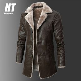 Men Brand Thick Fleece Leather Jacket Men Mid-length Winter Fashion Vintage PU Leather Coats Men High Quality Casual Faux Jacket 210819