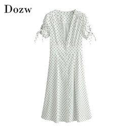 Women Polka Dot Summer Bohemian Dresses Sexy Deep V Neck Split Beach Bow Tie Short Sleeve Holiday Party Vestido 210515