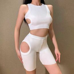 InstaHot Hollow Out Sexy Women Two Piece Short Set Summer Crop Top 2021 Streetwear White Sleeveless Outfit Casual Female Clothes Y0702