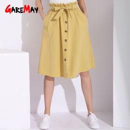 Women Midi A Line Skirt With Buttons White Retro Button Elastic High Waist Women's Lace-up Cotton s Womens 210428