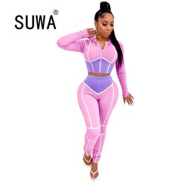 New Product Two Piece Set Women Autumn Spring Clothes Long Sleeve Slim-Fit Top + Sport Pants Soft Sweatpants Sexy Fitness Wear X0428