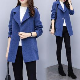 Women's Wool & Blends Korean Autumn Coat Women Long Slim Blue Fashion Outerwear Winter Clothing Jackets For 2021 WPY4275