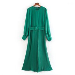 Stylish Chic Green Tie Belt Waist Jumpsuits Women Fashion O-Neck Collar Elegant Ladies Pleated