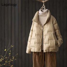 Lagabogy Women Short White Duck Down Coats Female Loose Ultra Light Windproof Parkas Casual Puffer Jacket Outwear 211221