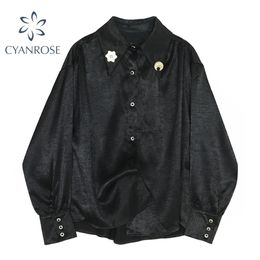 Summer Women Vintage Black Satin Blouse Elegant Polo Collar Long Sleeve Shirts Fashion Design OL Single Breasted Blusas 210515