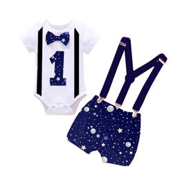 Baby Clothes Set 1st Birthday Boy Outfit Tie Bodysuit Straps Shorts 2Pcs Sets Short Sleeve Girls Outfits Boutique Clothing 4 Colours BT6618