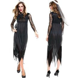 Casual Dresses Black Lace Splicing For Women 2021 Fashion Halloween Fear Cosplay Sexy Dark Angel Bride Costume Vestidos De Mujer