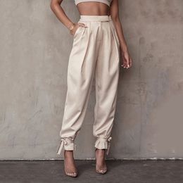 Fashion Spring Lace Up High Waist Women Harem Pants Satin Pockets Loose Casual Pleated Pencil Trousers Summer Streetwear 210518