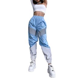 Women Stitching Reflective Colour Patchwork Decorated Panelled Pants Pleated Calf-length High Elastic Waist Cargo Sports 210522