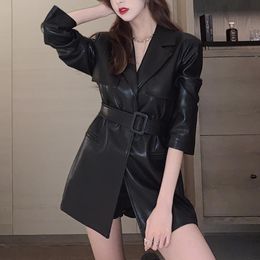 -Casual Dresses Koreanisches Kurzleder Blazer Kleid Schwarz Langarm Frauen Slim Anzug 2021 Winter Einteilige Lady Office Party
