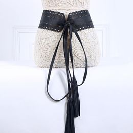 Belts Fashion Female Leather Hollow Long Tassel Tied Wide Belt For Women Waistband Dress Decoration Accessories