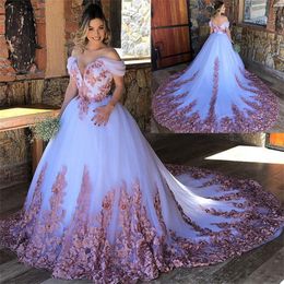 Rose Pink A Line Wedding Dresses Off Shoulder Sleeveless Chic Flower Appliqued Lace Sweep Train Designer Spring Bridal Gowns Custom Made Vestido De Novia