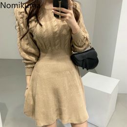 Nomikuma Korean Twisted Elegant Knitted Dresses O-neck Long Sleeve Slim High Waist Women Dress Autumn Sweater Vestido 6C557 210427