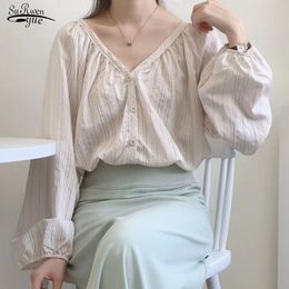 Autumn Women Long Sleeve Shirts V-neck Casual Striped Shirt Lantern Thin Blouse Vintage Tops Blusas 10517 210521