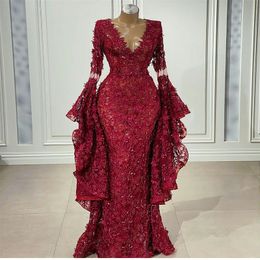 Burgundy Long Sleeves Evening Dresses Full Beads Appliqued Lace Luxury Prom Pageant Gown Robe De Mariée Sweep Train Custom Made Mermaid Party Gowns