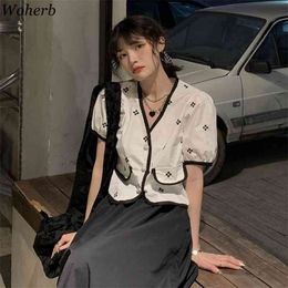 Summer Korean Fashion Clothes White Blouse Floral Print V-neck Crop Top Cardigan Shirt Chic Sweet Blusas Femme 210519
