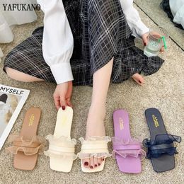 Summer Square Toe Womens Slippers Fashion Open Toe Flat Casual Slides Elegant Lace Rome Sandals Outdoor Beach Female Flip Flops Y0608