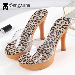 Leopard Print clear band slingback women sandals wood high heels shoes women slippers transparent slip on platform sandalias2020 J2023