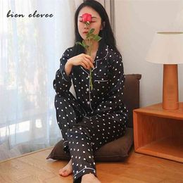 Faux Silk Pyjamas Set Spring Summer Women Sleepwear Satin Homewear Suit Long Sleeve 2 Pieces Loungwear Polka Dot 210809