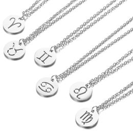 wholesale 12pcs/Lot Gold 12 Constellations Stainless Steel Coin Pendant Necklace Aries Simple Style Zodiac Sign Birthday Jewellery