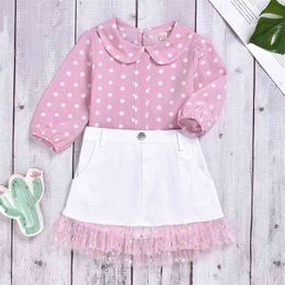 Girls Clothing Sets Summer Doll Collar Polka Dot Top T-Shirt + Lace Skirts 2PCS Suit Outfits Toddler Children Clothing 210528