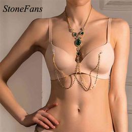 Stonefans Green Crystal Nipple Women Harness Necklace Luxury Rhinestone Chest Sex Bikinis Body Chain Jewellery