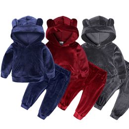 1-7Y Kids Toddler Girls Boys Clothes Sets Winter Autumn Suits Children Sports Hooded Sweater + Gold Velvet Pants 2pcs Clothing X0902