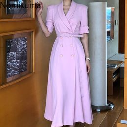 Nomikuma Chic Double Breasted Dresses Korean Belt Slim Waist Notched Colalr Woman Dress Short Sleeve Solid Elegant Vestido 6H310 210427